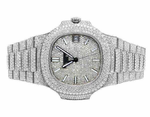 Patek Philippe Nautilus Round Moissanite Diamond Men Automatic Watch, White Gold Plated Men Watch For Birthday Gift