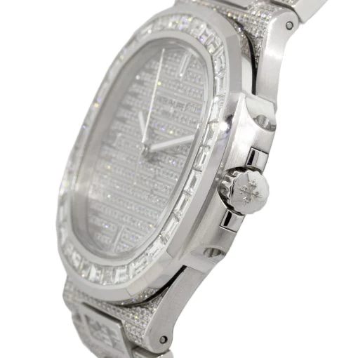 Patek Philippe Geneve Round & Baguette VVS Diamond Men Automatic Watch, White Gold Plated Full Iced Out Men Watch For Birthday Gift