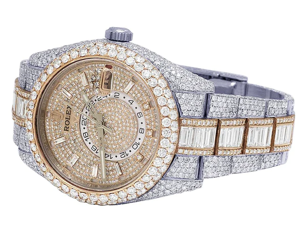 Rolex Sky Dweller Baguette & Round VVS Diamond Men Watch, 42mm Dial White & Rose Gold 2 Tone Plated Stainless Steel Men Watch For Gift, Fully Iced Out Birthday Gift Watch For Him