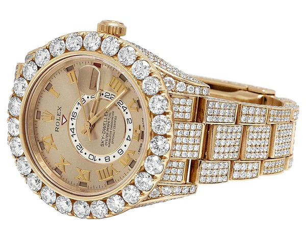 Rolex Sky Dweller Round VVS Diamond Men Watch, 42mm Dial Rose Gold Plated Stainless Steel Men Watch For Gift, Fully Iced Out Birthday Gift Watch For Him