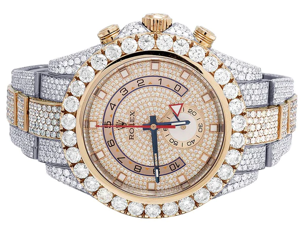 Rolex Yatch Master Round VVS Diamond Iced Out Men Watch, White 42mm Dial Rose & White Gold 2 Tone Plated Stainless Steel Men Watch For Gift, Fully Iced Out Birthday Gift Watch For Him