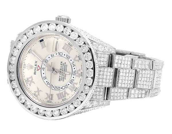 Rolex Sky Dweller Round VVS Diamond Men Watch, White 42mm Dial White Gold Plated Stainless Steel Men Watch For Gift, Fully Iced Out Birthday Gift Watch For Him
