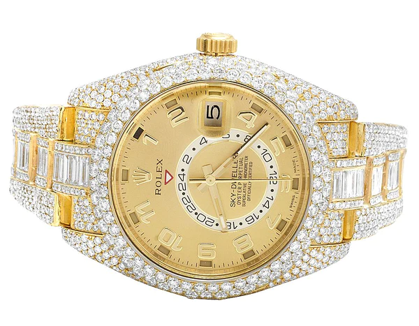 Rolex Sky Dweller Baguette & Round VVS Diamond Men Watch, 42mm Dial Yellow & White Gold 2 Tone Plated Stainless Steel Men Watch For Gift, Fully Iced Out Birthday Gift Watch For Him