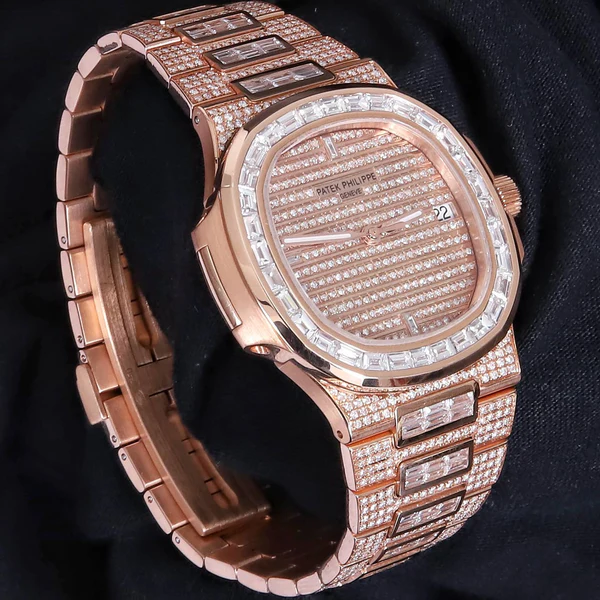 Patek Philippe Geneve Round & Baguette VVS Diamond Men Automatic Watch, Rose Gold Plated Full Iced Out Men Watch For Birthday Gift