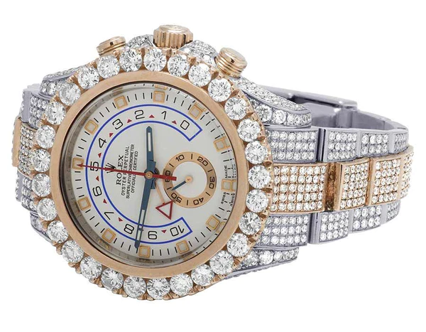 Rolex Yatch Master Round VVS Diamond Iced Out Men Watch, White 42mm Dial Rose & White Gold 2 Tone Plated Stainless Steel Men Watch For Gift, Fully Iced Out Birthday Gift Watch For Him