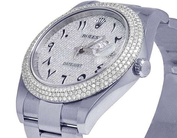 Rolex Datejust Round VVS Diamond Men Watch, White 40mm Dial White Gold Plated Stainless Steel Men Watch For Gift, Fully Iced Out Arabic Birthday Gift Watch For Him