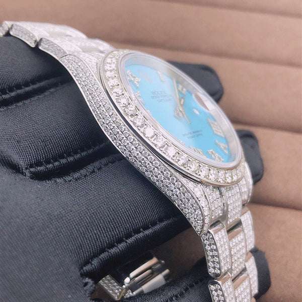 Rolex Datejust Turquoise VVS Diamond Iced Out Men Watch, 41mm Dial White Gold Plated Stainless Steel Men Watch For Gift, Fully Iced Out Birthday Gift Watch For Him
