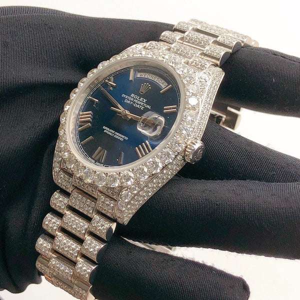 Rolex Jubilee Daydate Blue Dial VVS Diamond Men Watch, 41mm Dial White Gold Plated Stainless Steel Men Watch For Gift, Fully Iced Out Birthday Gift Watch For Him