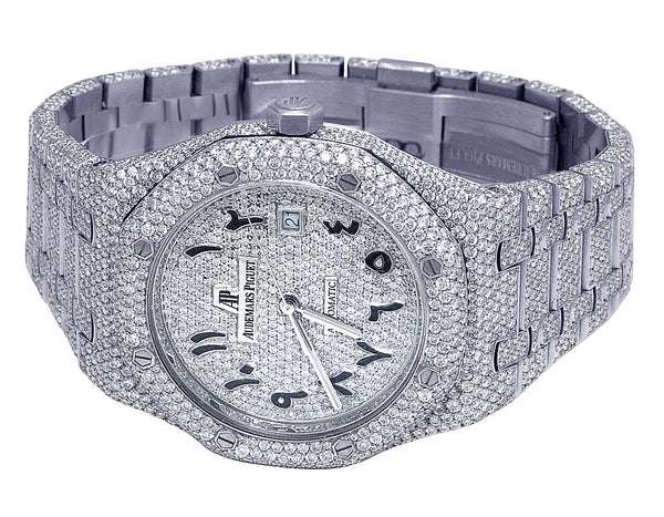 Audemars Piguet Full Iced Out VVS Diamond Men Watch, Stainless Steel White Gold Arabic Font 42mm Men Watch