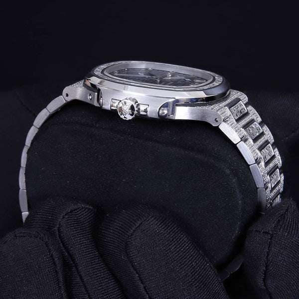 Patek Philippe Geneve Round & Baguette VVS Diamond Men Automatic Watch, White Gold Plated Full Iced Out Men Watch For Birthday Gift