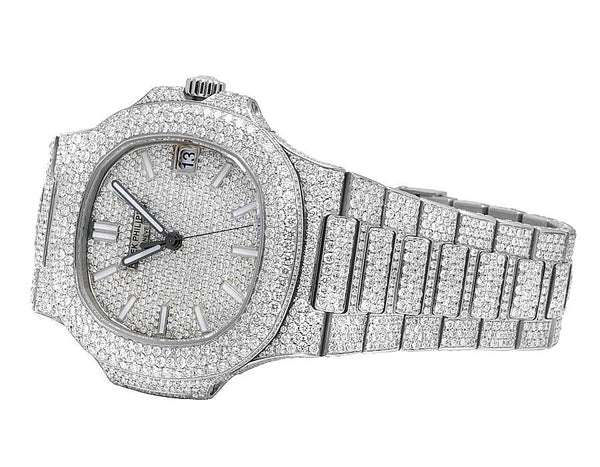 Patek Philippe Nautilus Round Moissanite Diamond Men Automatic Watch, White Gold Plated Men Watch For Birthday Gift