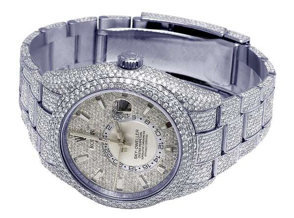 Rolex Sky Dweller Round VVS Diamond Men Watch, 42mm Dial White Gold Plated Stainless Steel Men Watch For Gift, Fully Iced Out Birthday Gift Watch For Him