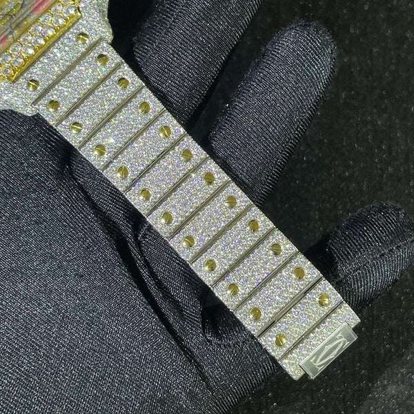 Cartier Santos VVS Diamond Iced Out Men Watch, Stainless Steel 2 Tone Gold Plated Men Watch For Birthday Gift