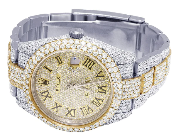 Rolex Datejust Round VVS Diamond Men Watch, 40mm Dial Yellow & White Gold 2 Tone Plated Stainless Steel Men Watch For Gift, Fully Iced Out Roman Birthday Gift Watch For Him