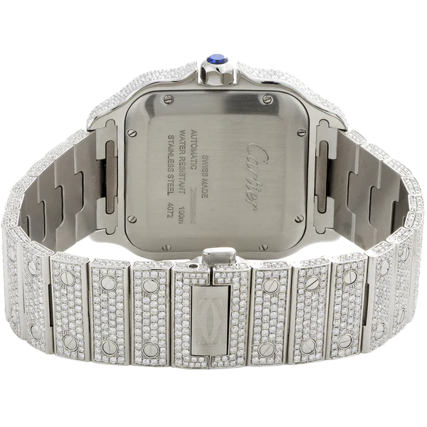 Cartier Santos VVS Diamond Men Watch, Stainless Steel White Gold Plated Men Watch For Birthday Gift