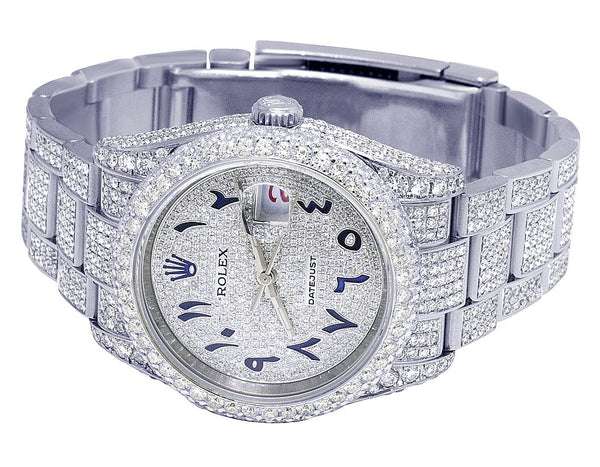 Rolex Datejust Jubilee VVS Diamond Men Watch, White 36mm Dial White Gold Plated Stainless Steel Men Watch For Gift, Fully Iced Out Arabic Birthday Gift Watch For Him