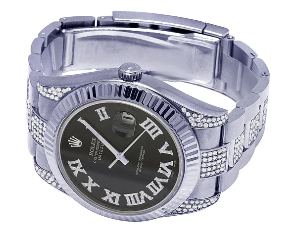 Rolex Datejust Round VVS Diamond Men Watch, Black 40mm Dial White Gold Plated Stainless Steel Men Watch For Gift, Fully Iced Out Birthday Gift Watch For Him