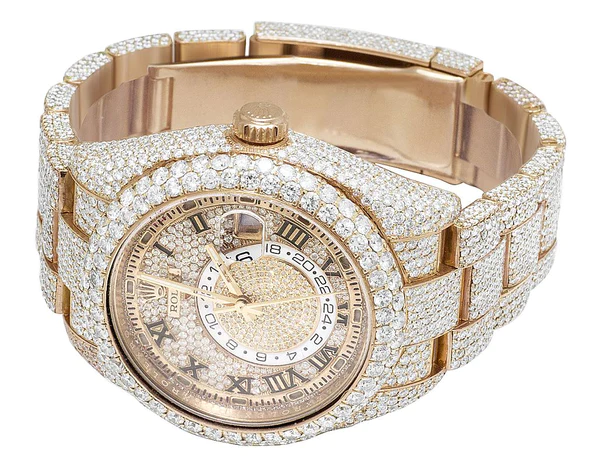 Rolex Sky Dweller Round VVS Diamond Men Watch, 42mm Dial Rose Gold Plated Stainless Steel Men Watch For Gift, Fully Iced Out Birthday Gift Watch For Him