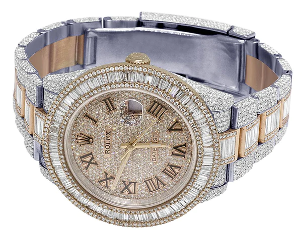 Rolex Datejust Baguette & Round VVS Diamond Men Watch, 40mm Dial Rose & White Gold 2 Tone Plated Stainless Steel Men Watch For Gift, Fully Iced Out Roman Birthday Gift Watch For Him