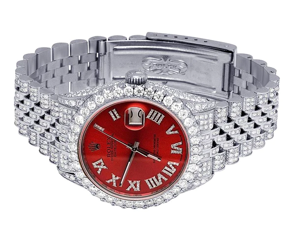 Rolex Datejust Jubilee VVS Diamond Men Watch, Red 40mm Dial White Gold Plated Stainless Steel Men Watch For Gift, Fully Iced Out Birthday Gift Watch For Him