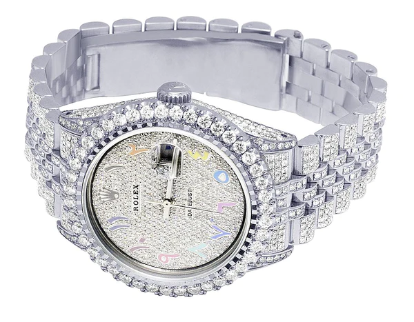 Rolex Datejust Jubilee VVS Diamond Men Watch, 40mm White Gold Plated Stainless Steel Men Watch For Gift, Fully Iced Out Arabic Birthday Gift Watch For Him