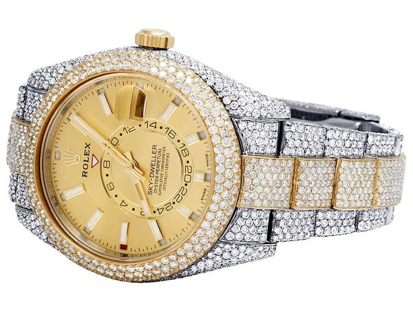 Rolex Sky Dweller Round VVS Diamond Men Watch, 42mm Dial Yellow & White Gold 2 Tone Plated Stainless Steel Men Watch For Gift, Fully Iced Out Birthday Gift Watch For Him
