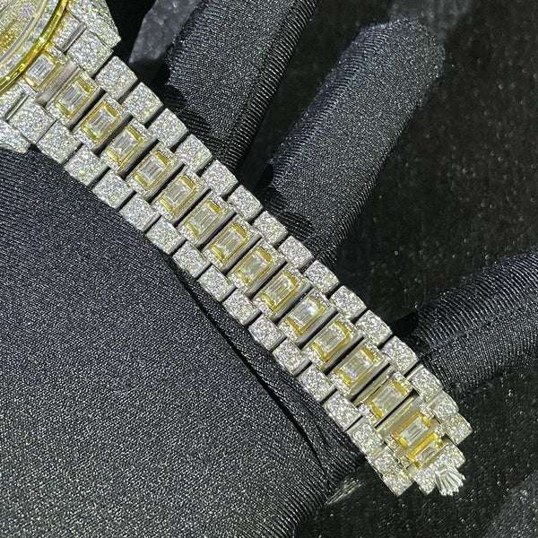 Rolex Daydate Full Iced Out VVS Diamond Watch, Baguette And Round VVS Diamond Wrist Watch For Men, White & Yellow Gold Plated Men Diamond Watch