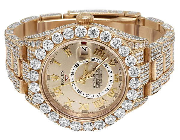Rolex Sky Dweller Round VVS Diamond Men Watch, 42mm Dial Rose Gold Plated Stainless Steel Men Watch For Gift, Fully Iced Out Birthday Gift Watch For Him