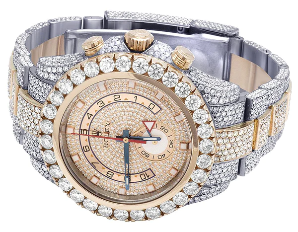 Rolex Yatch Master Round VVS Diamond Iced Out Men Watch, White 42mm Dial Rose & White Gold 2 Tone Plated Stainless Steel Men Watch For Gift, Fully Iced Out Birthday Gift Watch For Him