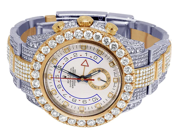 Rolex Yatch Master Round VVS Diamond Iced Out Men Watch, White 42mm Dial Yellow & White Gold 2 Tone Plated Stainless Steel Men Watch For Gift, Fully Iced Out Birthday Gift Watch For Him