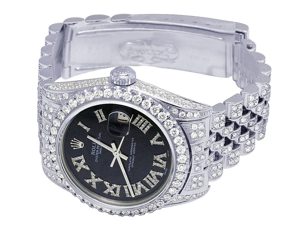 Rolex Datejust Jubilee VVS Diamond Men Watch, Black 40mm Dial White Gold Plated Stainless Steel Men Watch For Gift, Fully Iced Out Birthday Gift Watch For Him