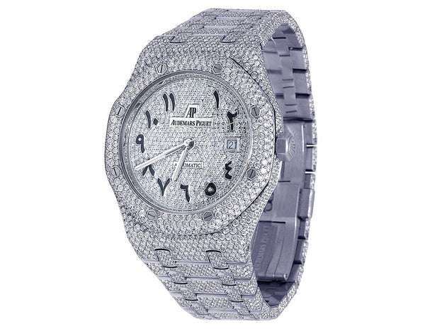 Audemars Piguet Full Iced Out VVS Diamond Men Watch, Stainless Steel White Gold Arabic Font 42mm Men Watch