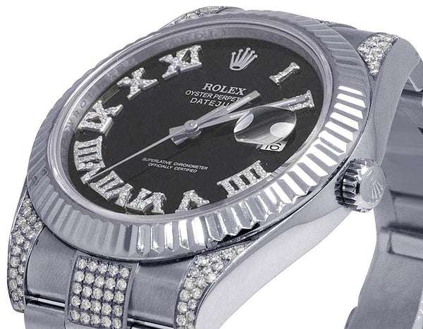 Rolex Datejust Round VVS Diamond Men Watch, Black 40mm Dial White Gold Plated Stainless Steel Men Watch For Gift, Fully Iced Out Birthday Gift Watch For Him