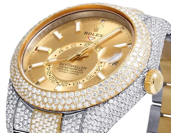 Rolex Sky Dweller Round VVS Diamond Men Watch, 42mm Dial Yellow & White Gold 2 Tone Plated Stainless Steel Men Watch For Gift, Fully Iced Out Birthday Gift Watch For Him