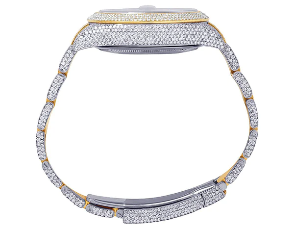 Rolex Sky Dweller Round VVS Diamond Men Watch, 42mm Dial Yellow & White Gold 2 Tone Plated Stainless Steel Men Watch For Gift, Fully Iced Out Birthday Gift Watch For Him