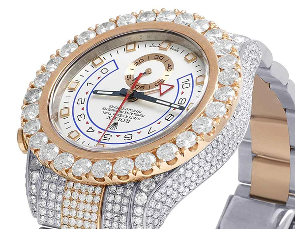Rolex Yatch Master Round VVS Diamond Iced Out Men Watch, White 42mm Dial Rose & White Gold 2 Tone Plated Stainless Steel Men Watch For Gift, Fully Iced Out Birthday Gift Watch For Him