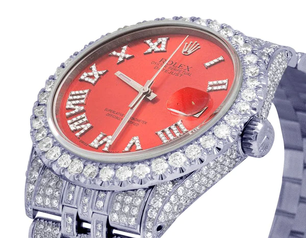 Rolex Datejust Jubilee VVS Diamond Men Watch, Red 40mm Dial White Gold Plated Stainless Steel Men Watch For Gift, Fully Iced Out Birthday Gift Watch For Him