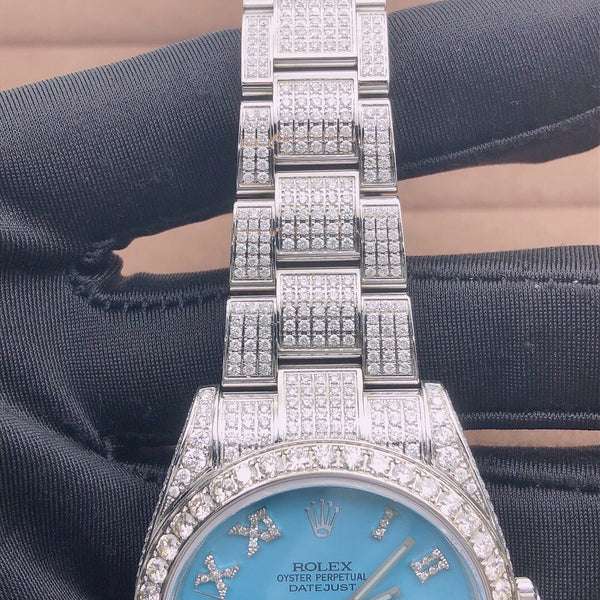 Rolex Datejust Turquoise VVS Diamond Iced Out Men Watch, 41mm Dial White Gold Plated Stainless Steel Men Watch For Gift, Fully Iced Out Birthday Gift Watch For Him
