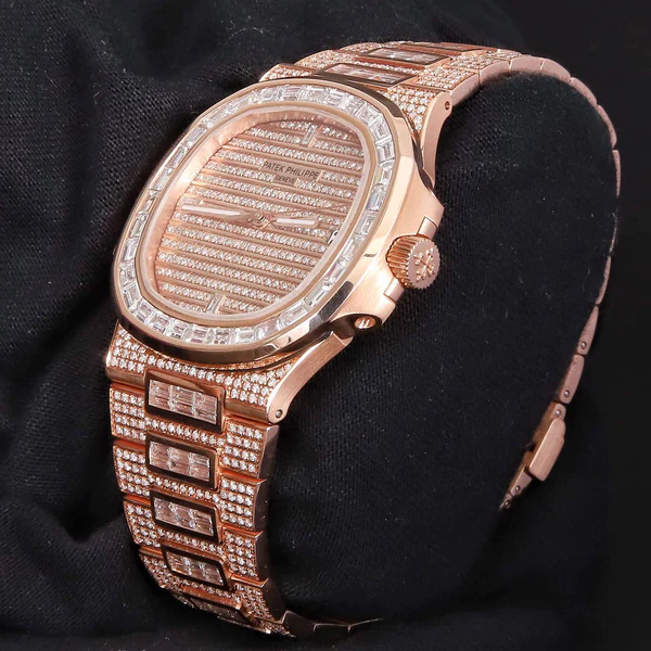 Patek Philippe Geneve Round & Baguette VVS Diamond Men Automatic Watch, Rose Gold Plated Full Iced Out Men Watch For Birthday Gift