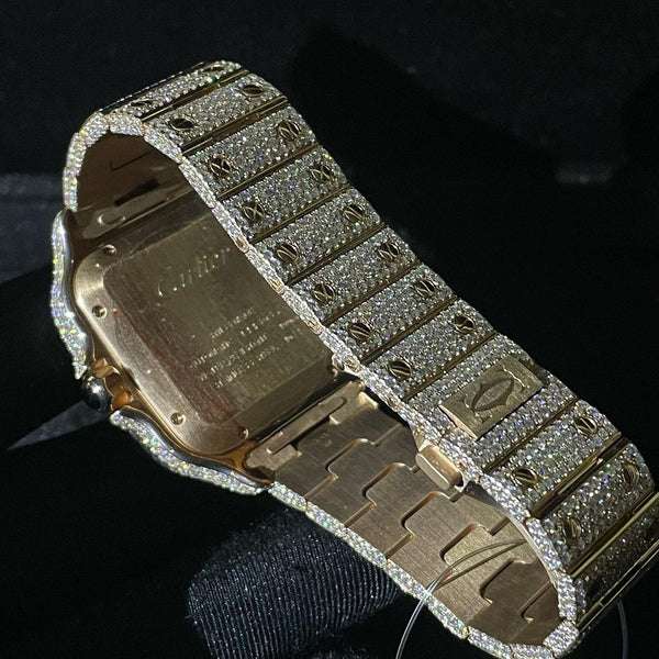 Cartier Santos VVS Diamond Iced Out Men Watch, Stainless Steel 2 Tone Gold Plated Men Watch For Birthday Gift