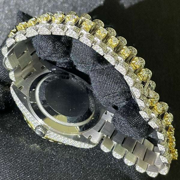 Rolex Daydate VVS Diamond Men Watch, 41mm Dial Yellow Gold Plated Stainless Steel Men Watch For Gift, Fully Iced Out Birthday Gift Watch For Him