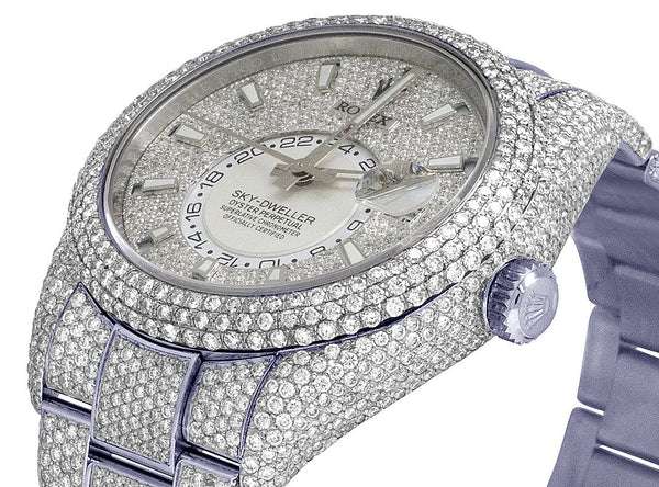 Rolex Sky Dweller Round VVS Diamond Men Watch, 42mm Dial White Gold Plated Stainless Steel Men Watch For Gift, Fully Iced Out Birthday Gift Watch For Him