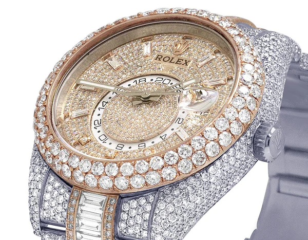 Rolex Sky Dweller Baguette & Round VVS Diamond Men Watch, 42mm Dial White & Rose Gold 2 Tone Plated Stainless Steel Men Watch For Gift, Fully Iced Out Birthday Gift Watch For Him