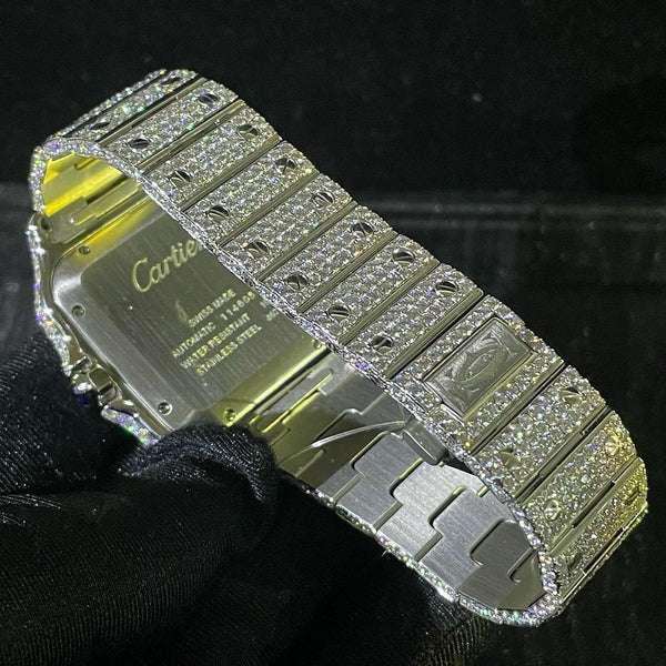 Cartier Santos VVS Diamond Men Watch, Stainless Steel White Gold Plated Roman Men Watch For Birthday Gift