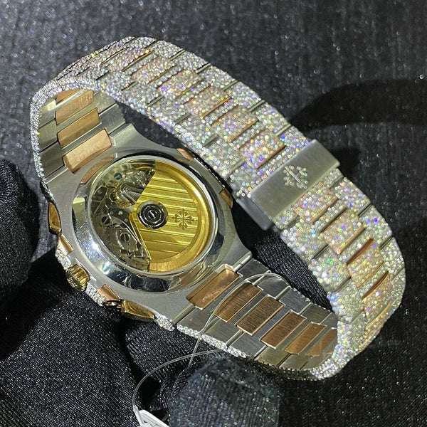 Patek Philippe Geneve Round VVS Diamond Men Automatic Watch, White & Rose Gold Plated Men Watch For Birthday Gift