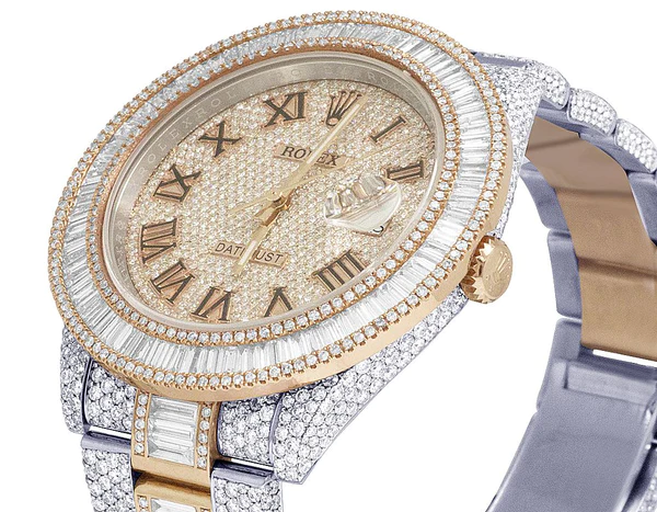 Rolex Datejust Baguette & Round VVS Diamond Men Watch, 40mm Dial Rose & White Gold 2 Tone Plated Stainless Steel Men Watch For Gift, Fully Iced Out Roman Birthday Gift Watch For Him