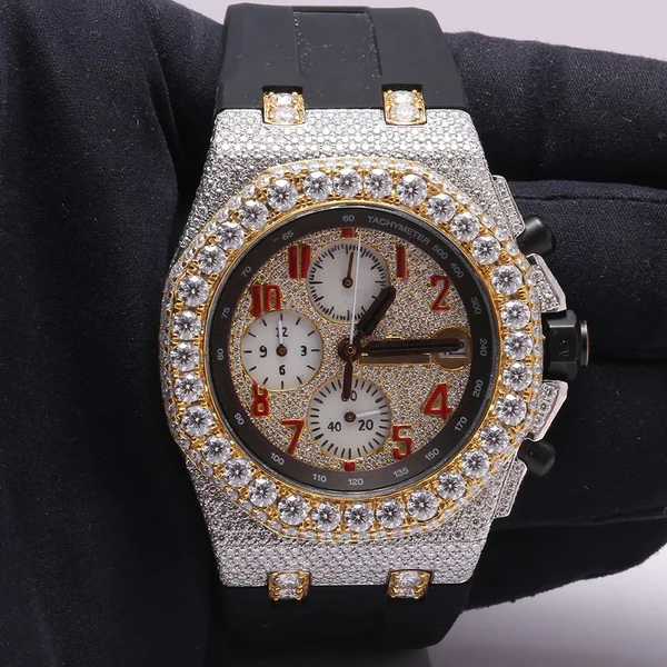 Audemars Piguet Full Iced Out VVS Diamond Men Watch, Black Silicon Band All Chronology Working 42mm Men Watch