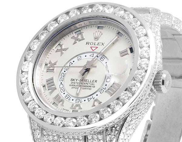 Rolex Sky Dweller Round VVS Diamond Men Watch, White 42mm Dial White Gold Plated Stainless Steel Men Watch For Gift, Fully Iced Out Birthday Gift Watch For Him