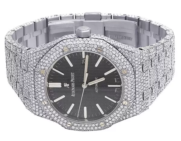 Audemars Piguet Full Iced Out VVS Moissanite Diamond Men Watch, Stainless Steel White Gold Black Face 42mm Men Watch