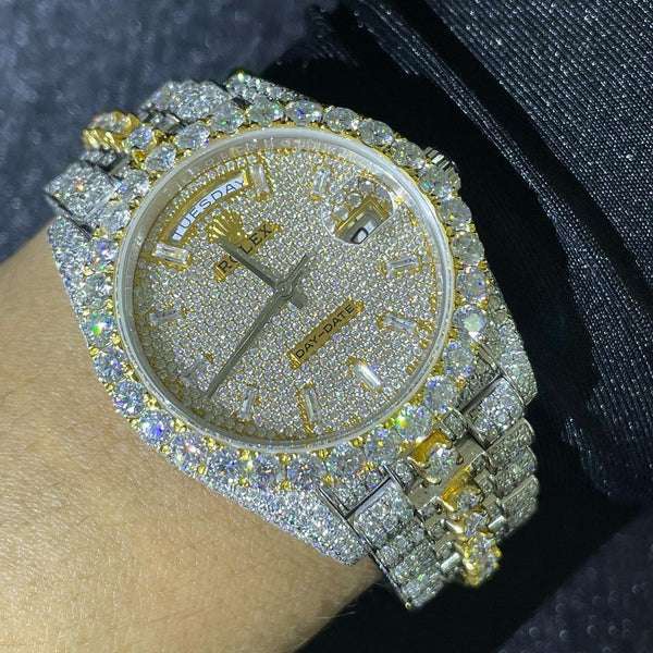 Rolex Daydate VVS Diamond Men Watch, 41mm Dial Yellow Gold Plated Stainless Steel Men Watch For Gift, Fully Iced Out Birthday Gift Watch For Him